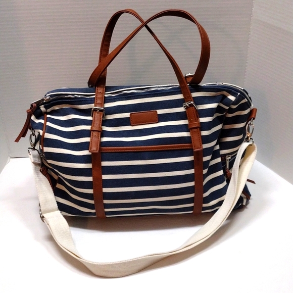 No Brand Bags Large Bluewhite Horizontal Stripes Canvas Shoulder